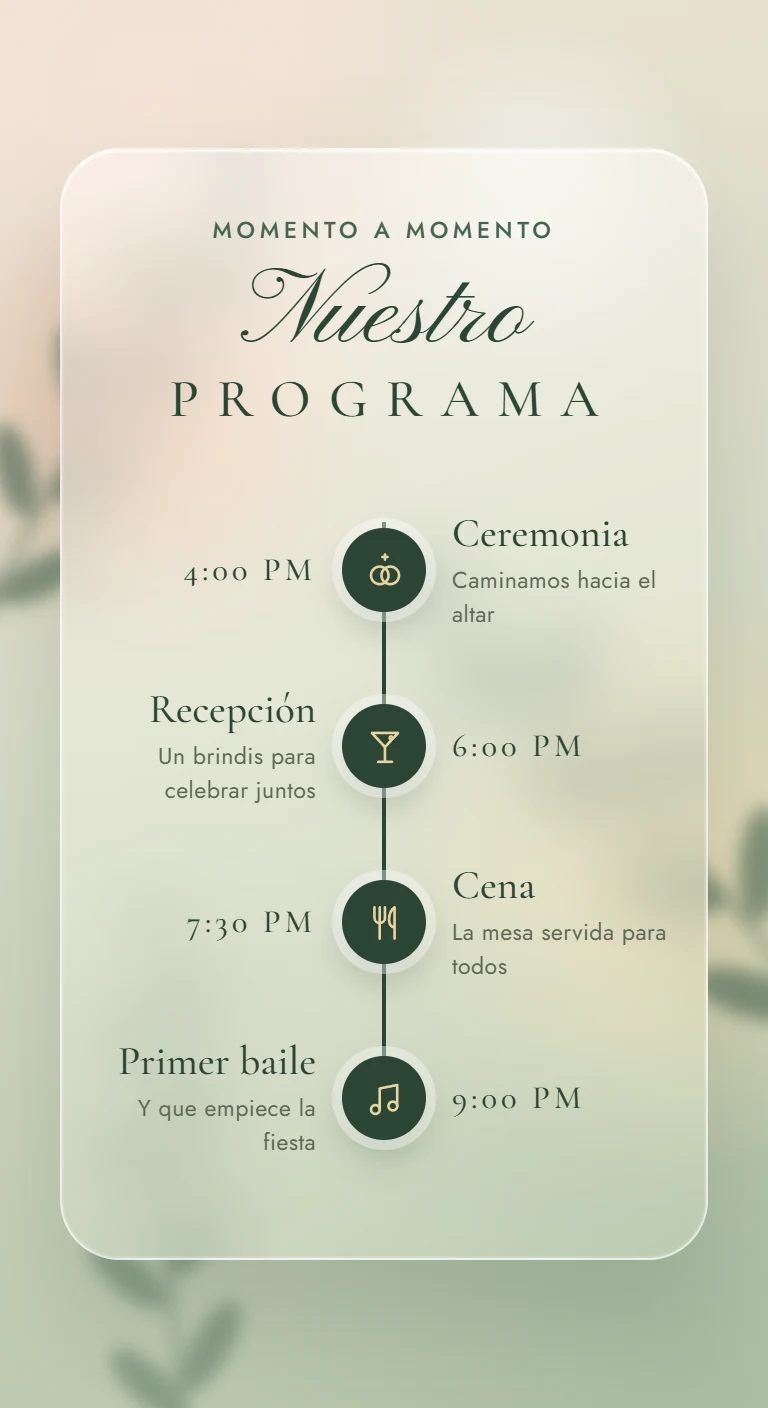 Línea de tiempo de cristal con un icono para cada momento